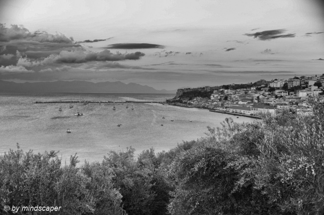 Koroni Skyline & Harbour from Entrance in Black & White